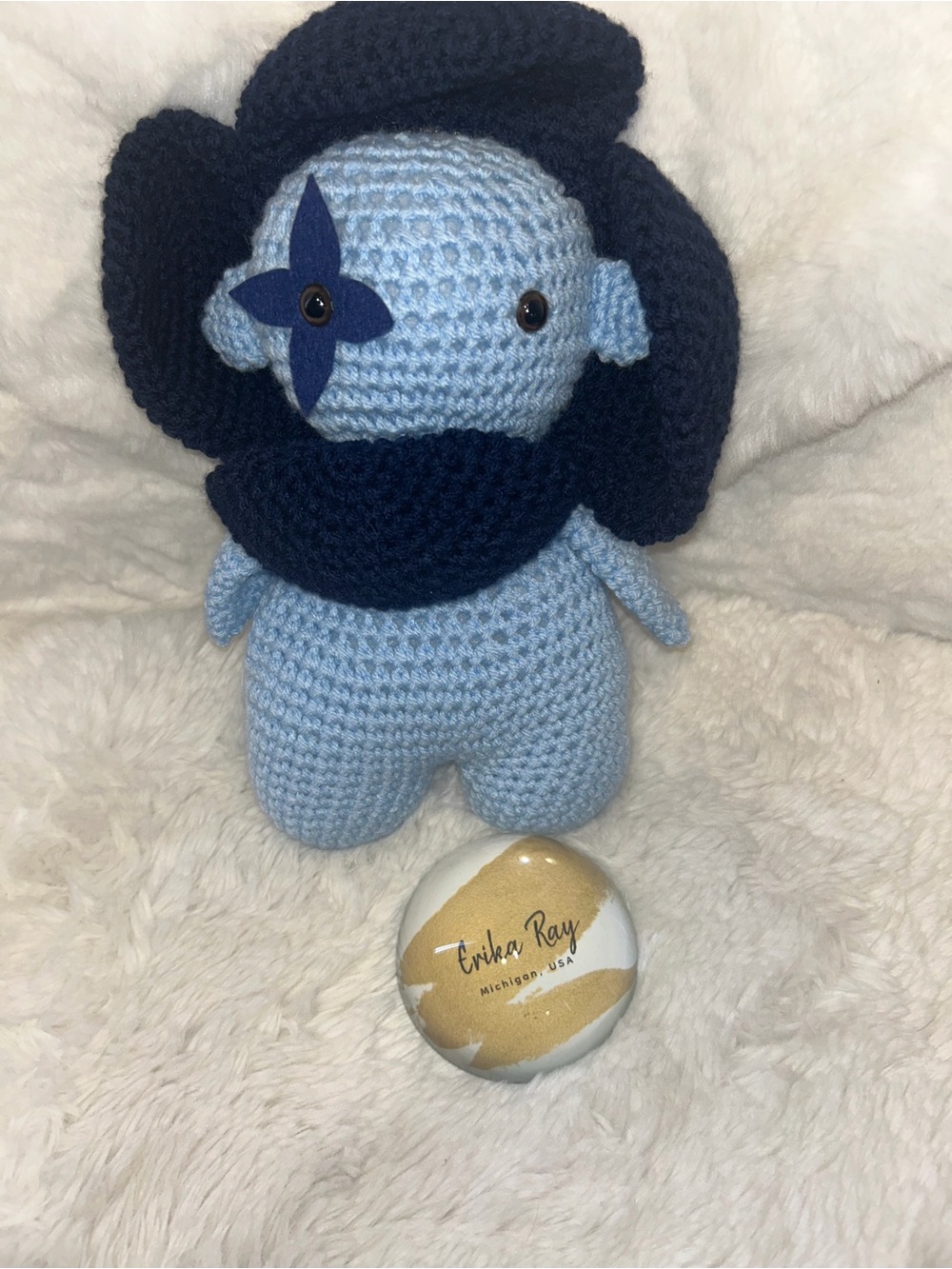 Handmade Blue Crochet Doll with Navy Accents